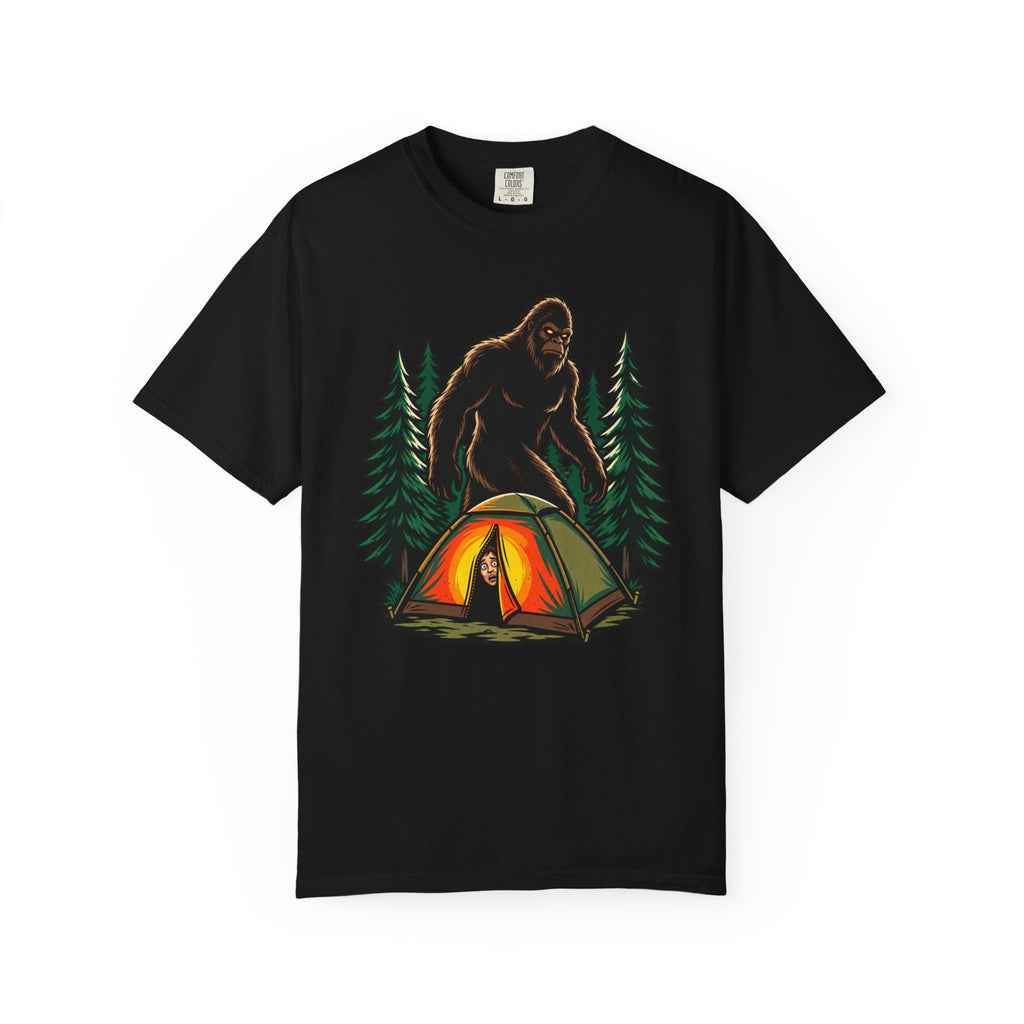 Bigfoot Camping T-Shirt — Sasquatch Near Glowing Tent Graphic Tee