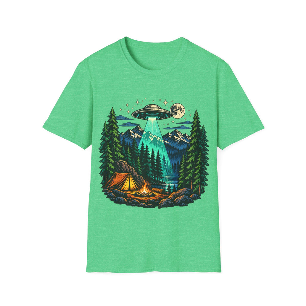 Camping UFO Abduction T-Shirt — Night Forest Tent & Alien Spaceship Graphic