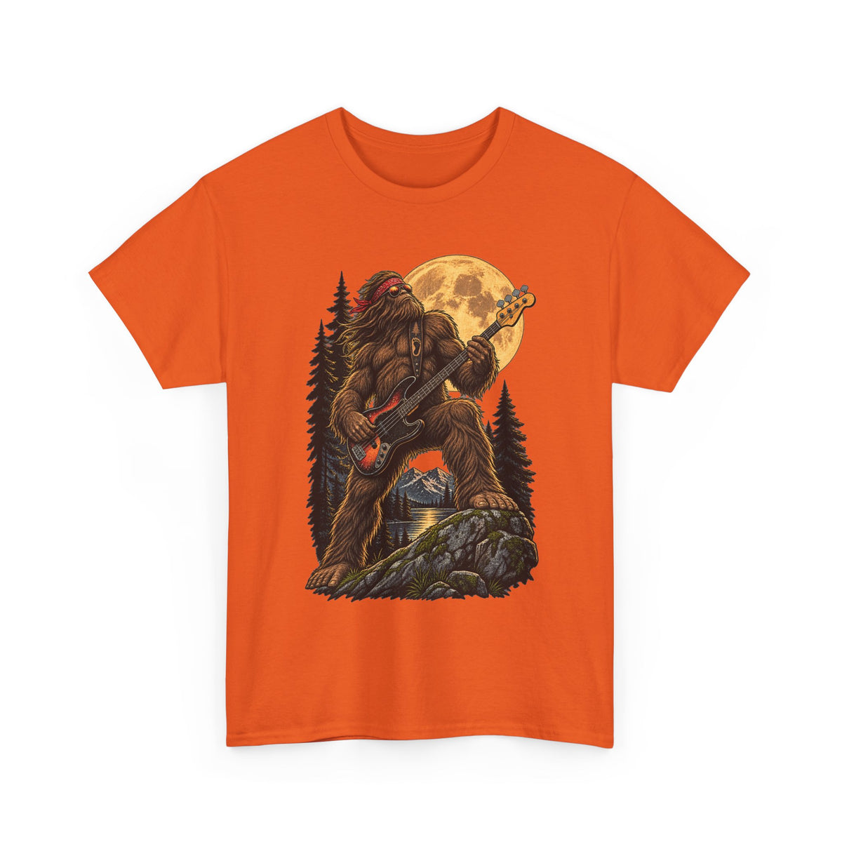 Bigfoot Playing Electric Guitar T-Shirt | Sasquatch Moon Forest Rock Tee