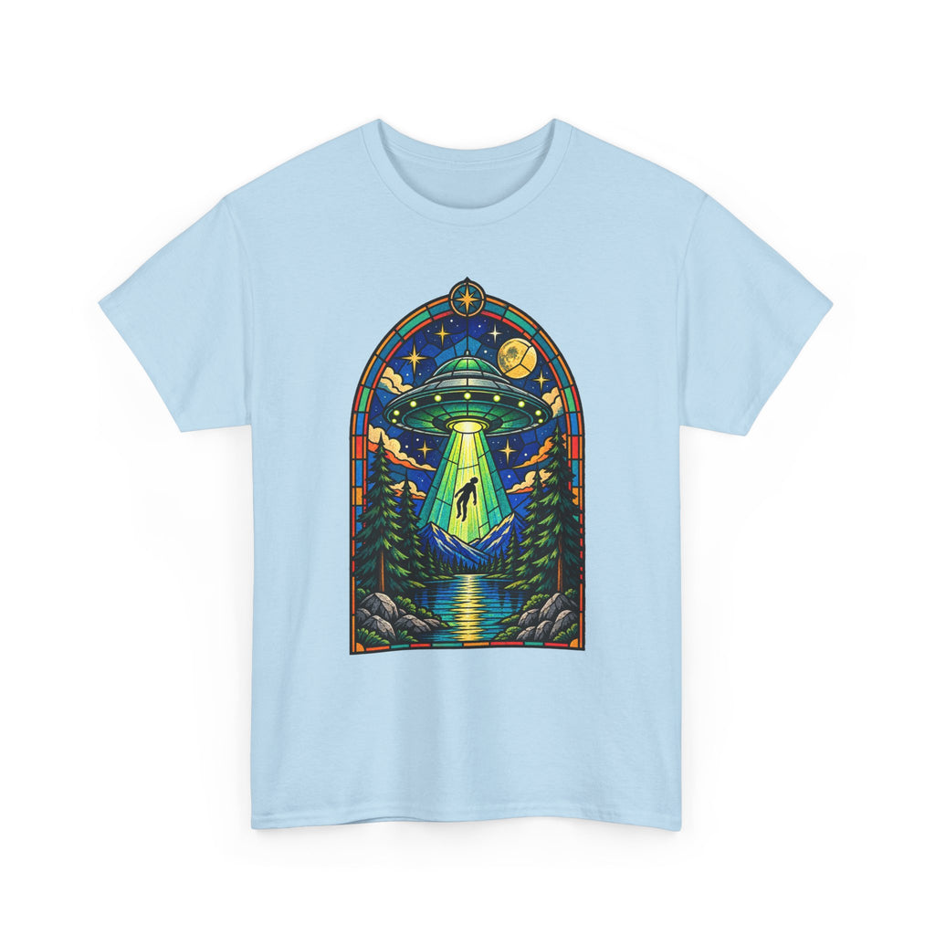 Stained Glass UFO Abduction T-Shirt | Alien Beam, Night Sky, Forest