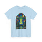 Stained Glass UFO Abduction T-Shirt | Alien Beam, Night Sky, Forest
