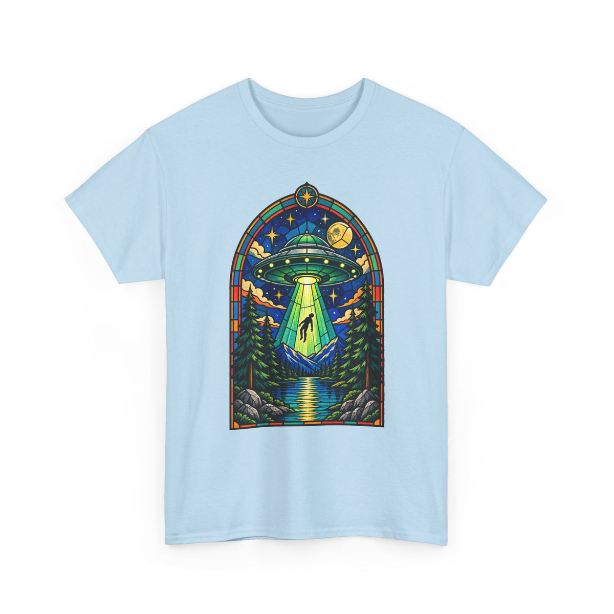 Stained Glass UFO Abduction T-Shirt | Alien Beam, Night Sky, Forest