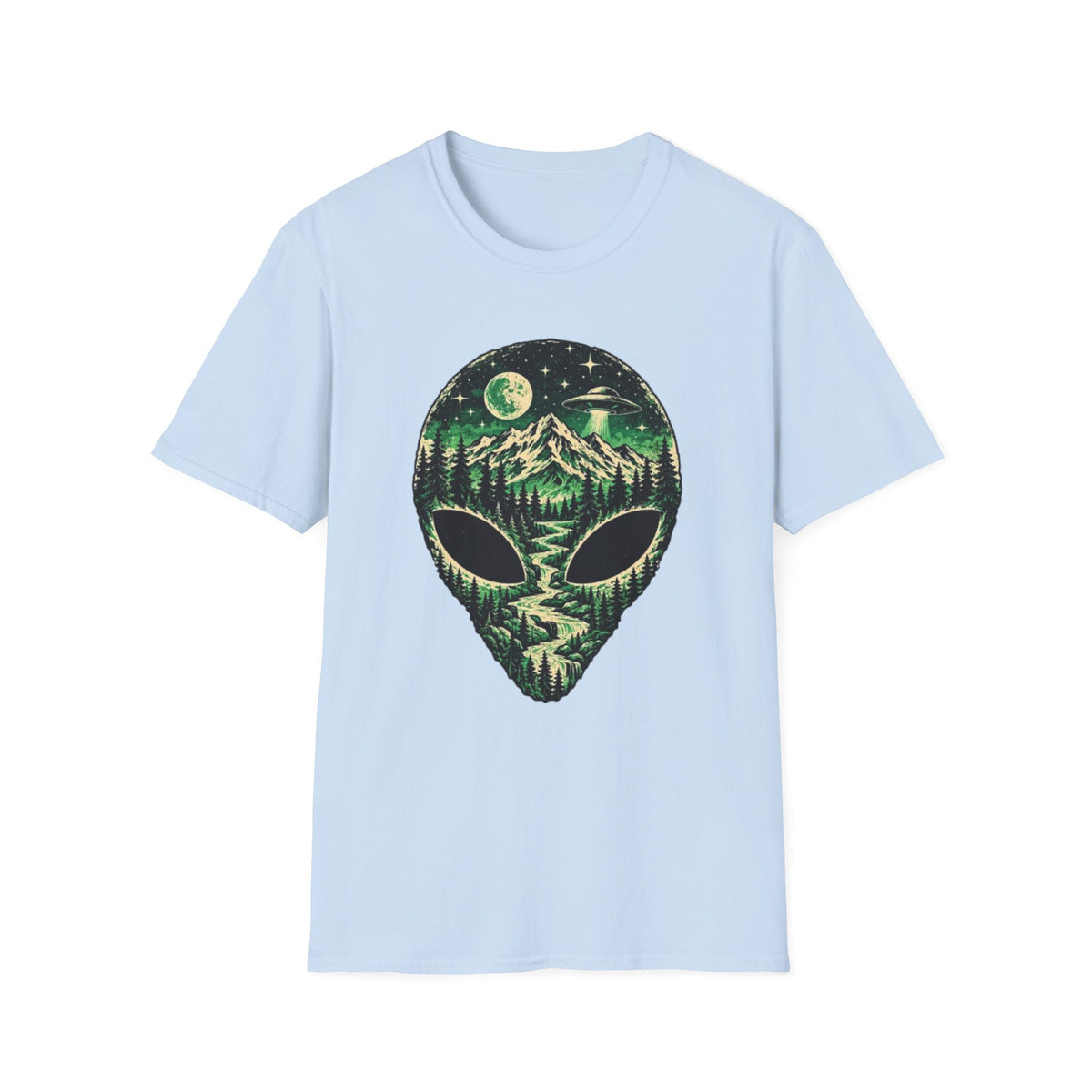 Mystical Mountain Alien T-Shirt – Retro UFO Lover Graphic Tee