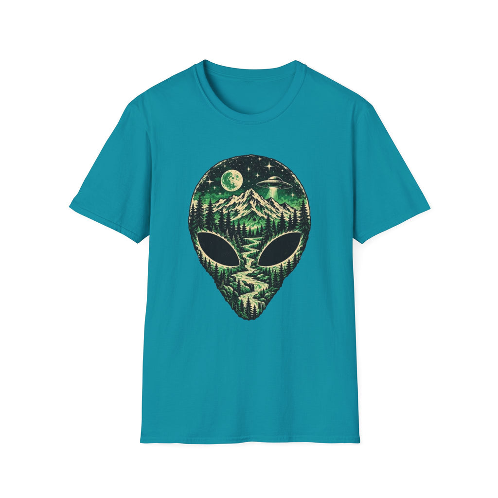 Mystical Mountain Alien T-Shirt – Retro UFO Lover Graphic Tee