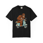 Sasquatch Scooter T-Shirt — Retro Bigfoot Riding Vespa Graphic Tee
