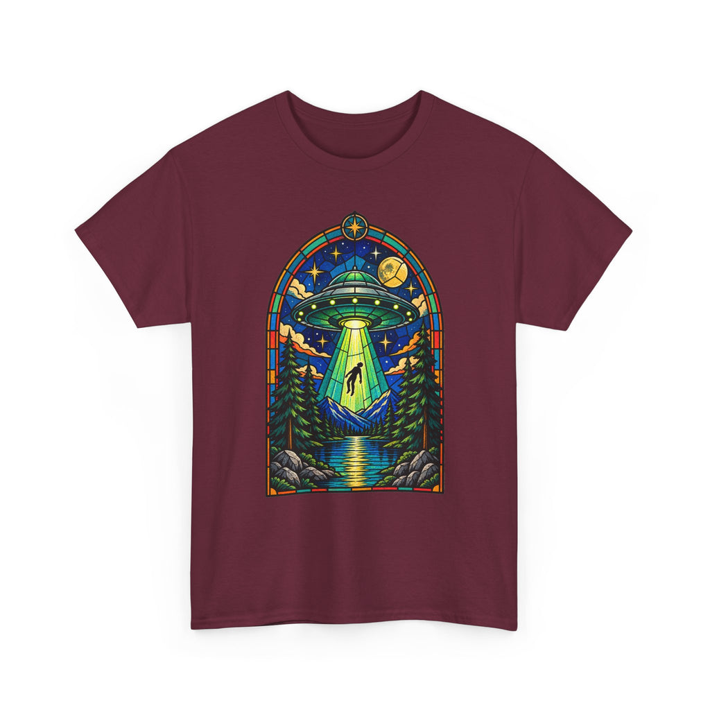 Stained Glass UFO Abduction T-Shirt | Alien Beam, Night Sky, Forest