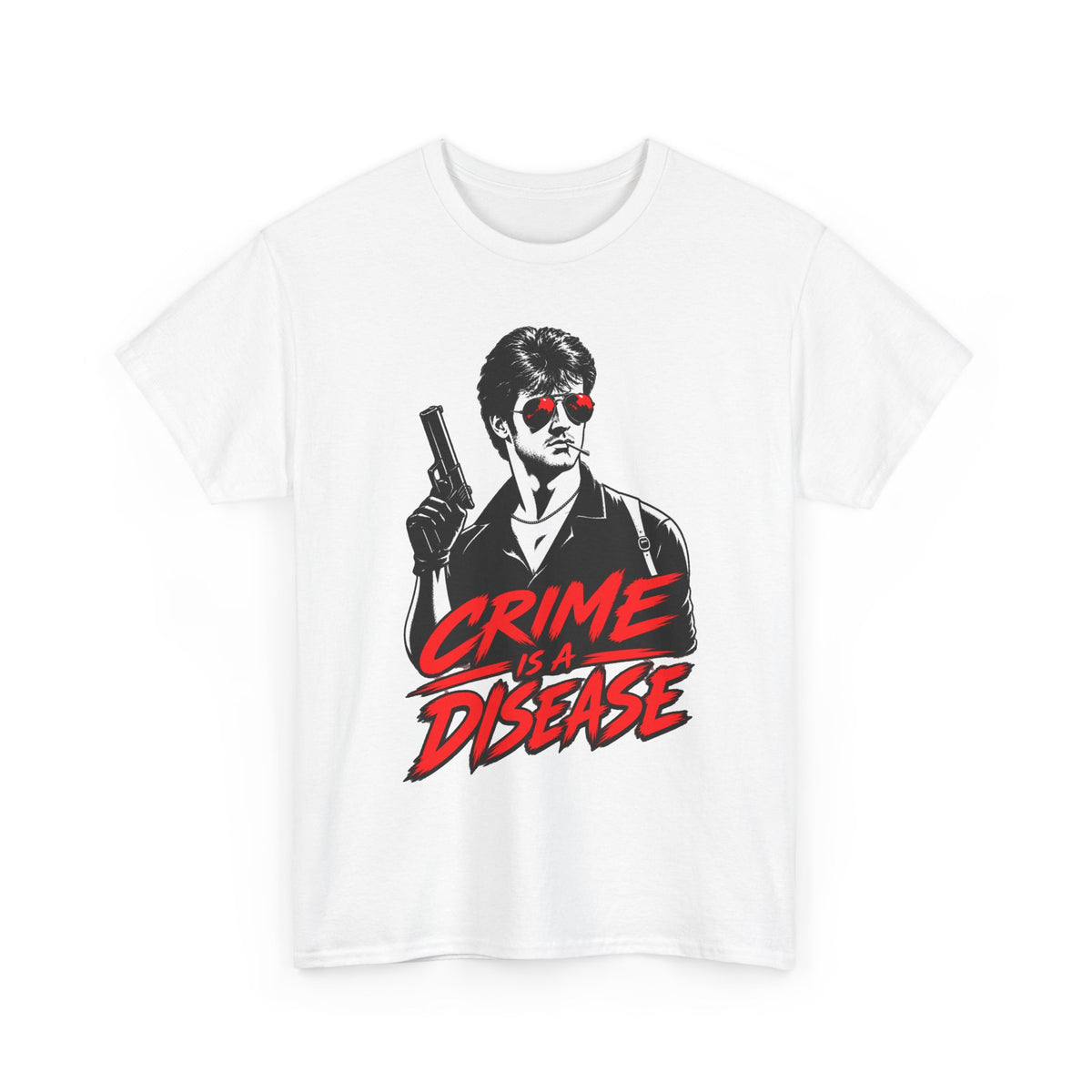 Crime Is a Disease shirt | Noir gunman graphic tee, red accent sunglasses