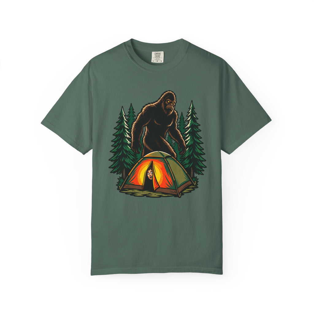 Bigfoot Camping T-Shirt — Sasquatch Near Glowing Tent Graphic Tee