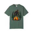 Bigfoot Camping T-Shirt — Sasquatch Near Glowing Tent Graphic Tee
