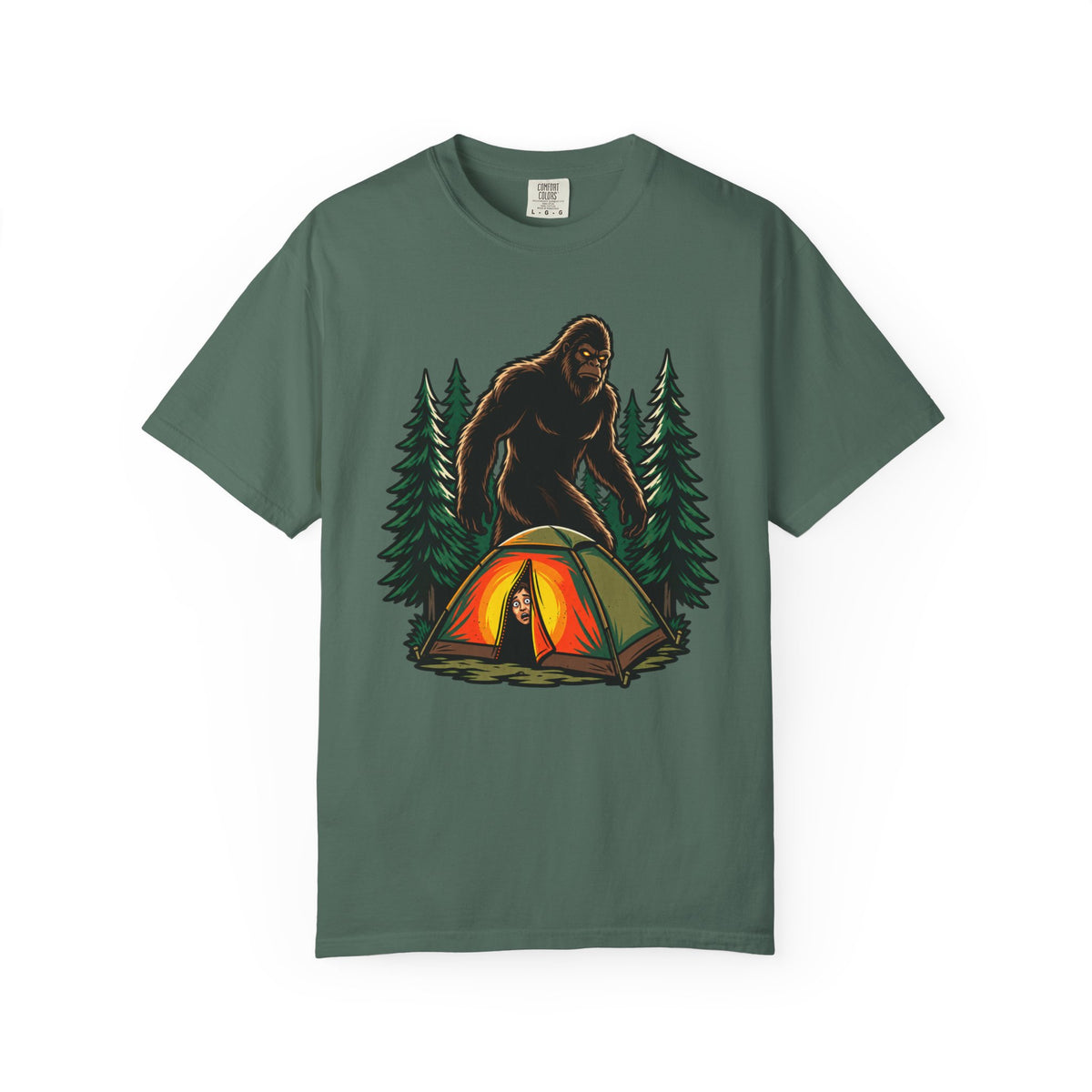 Bigfoot Camping T-Shirt — Sasquatch Near Glowing Tent Graphic Tee