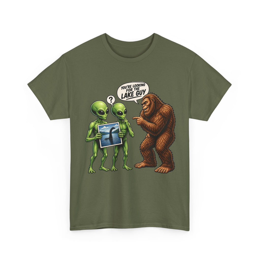Alien Tourists Asking Bigfoot T-Shirt | Sasquatch, UFO, Funny Cryptid Design