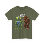 Alien Tourists Asking Bigfoot T-Shirt | Sasquatch, UFO, Funny Cryptid Design