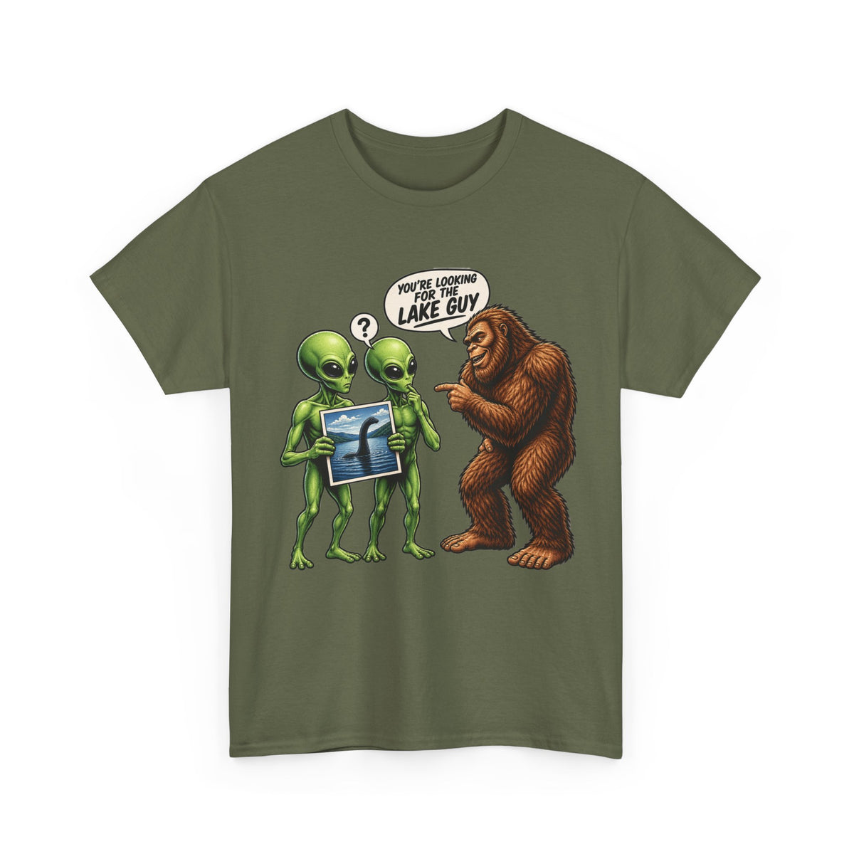 Alien Tourists Asking Bigfoot T-Shirt | Sasquatch, UFO, Funny Cryptid Design