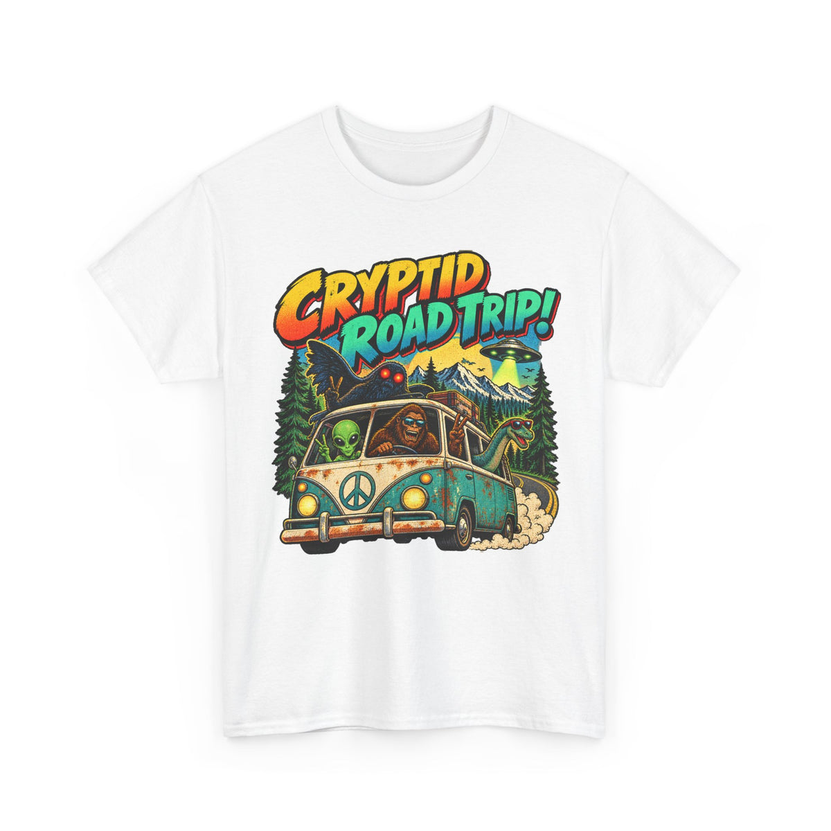 Cryptid Road Trip T-Shirt – Vintage Bigfoot Camper Adventure Tee