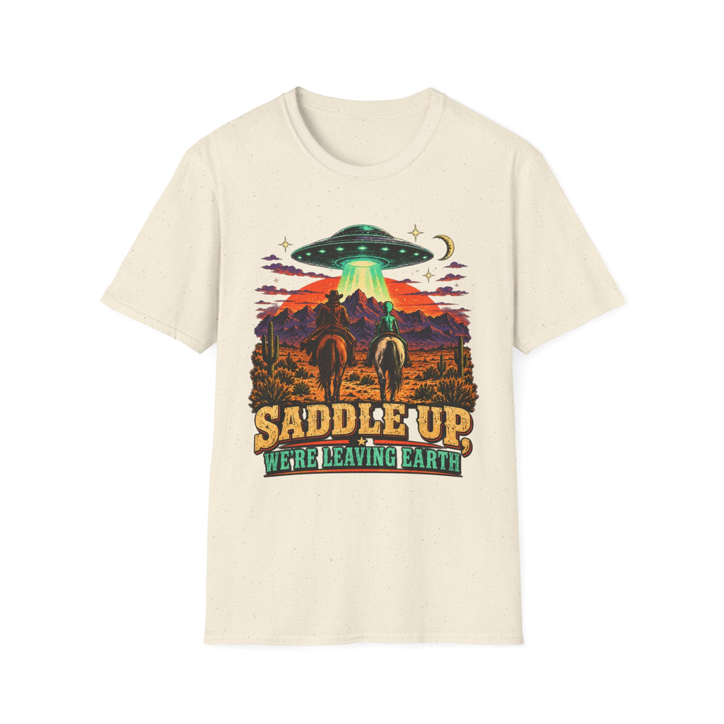 “Saddle Up We’re Leaving Earth” Retro Western Alien Tee