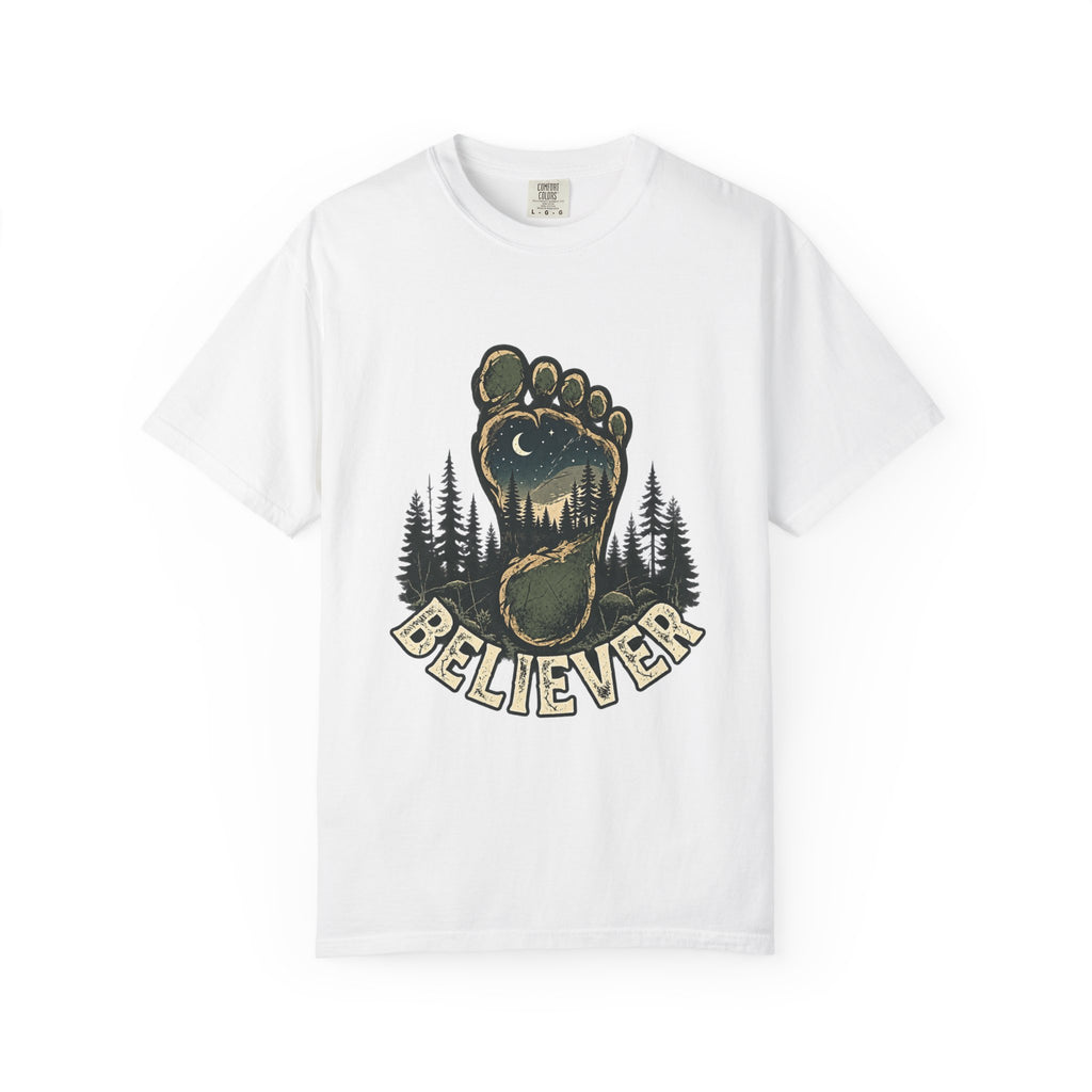 Believer Bigfoot Footprint T-Shirt — Sasquatch Forest Adventure Tee