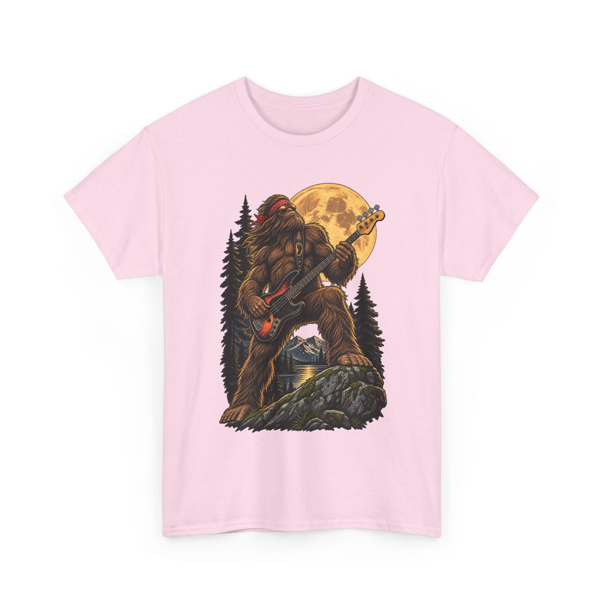 Bigfoot Playing Electric Guitar T-Shirt | Sasquatch Moon Forest Rock Tee