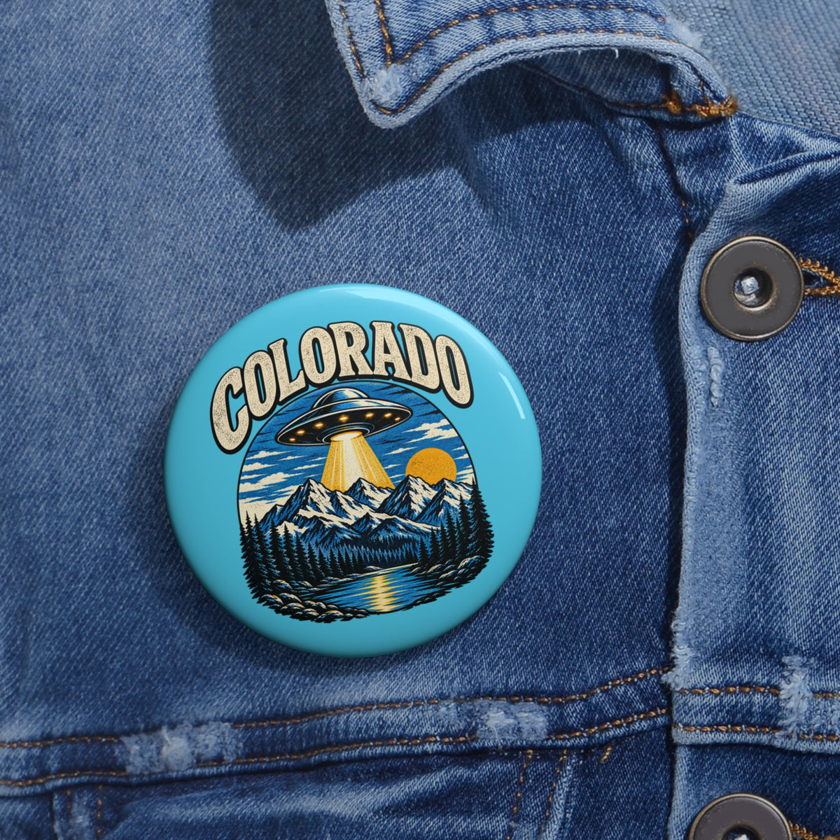 Colorado UFO Pin Button — Retro Mountain Adventure Badge