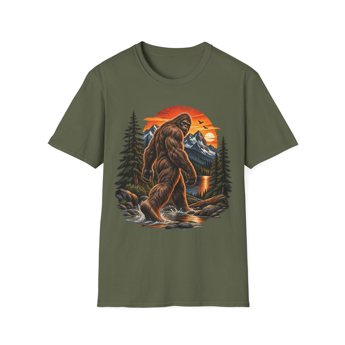 Bigfoot Mountain Sunset T-Shirt — Sasquatch Forest Adventure Tee