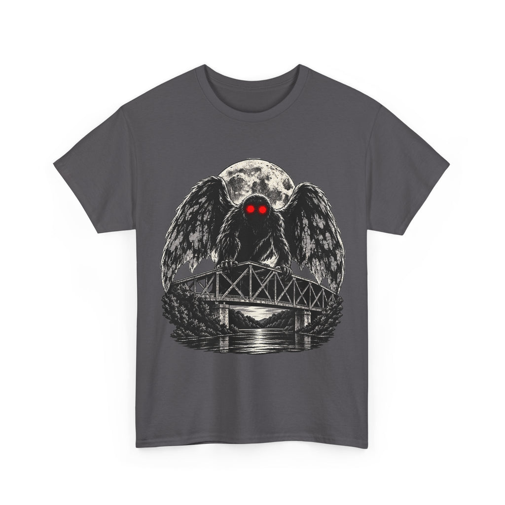 Mothman Bridge Graphic Tee — Red-Eyed Cryptid Illustration T-Shirt