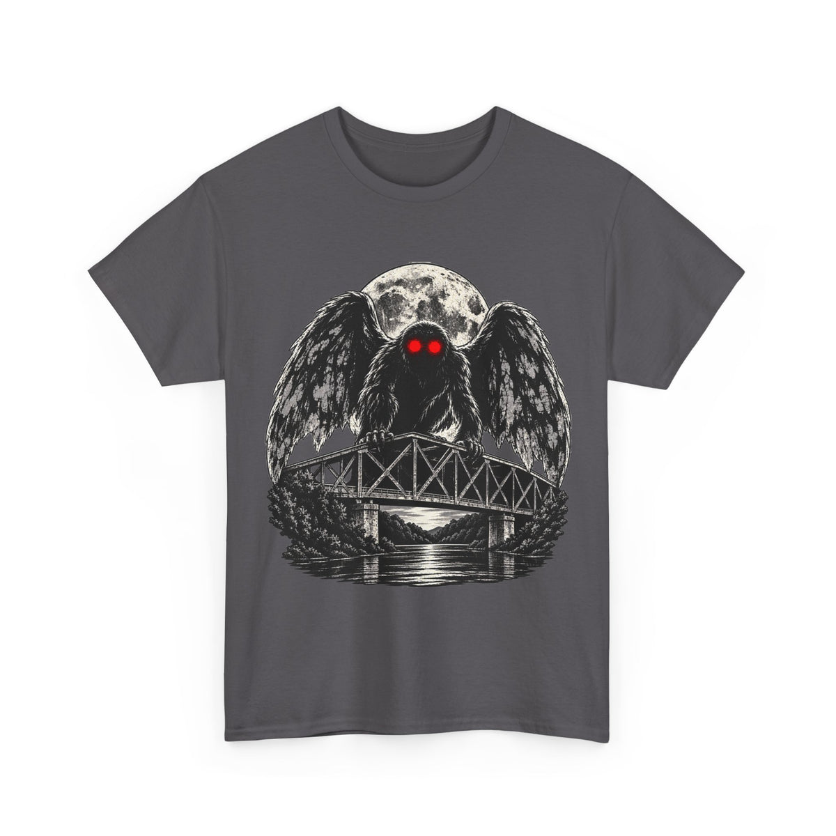 Mothman Bridge Graphic Tee — Red-Eyed Cryptid Illustration T-Shirt