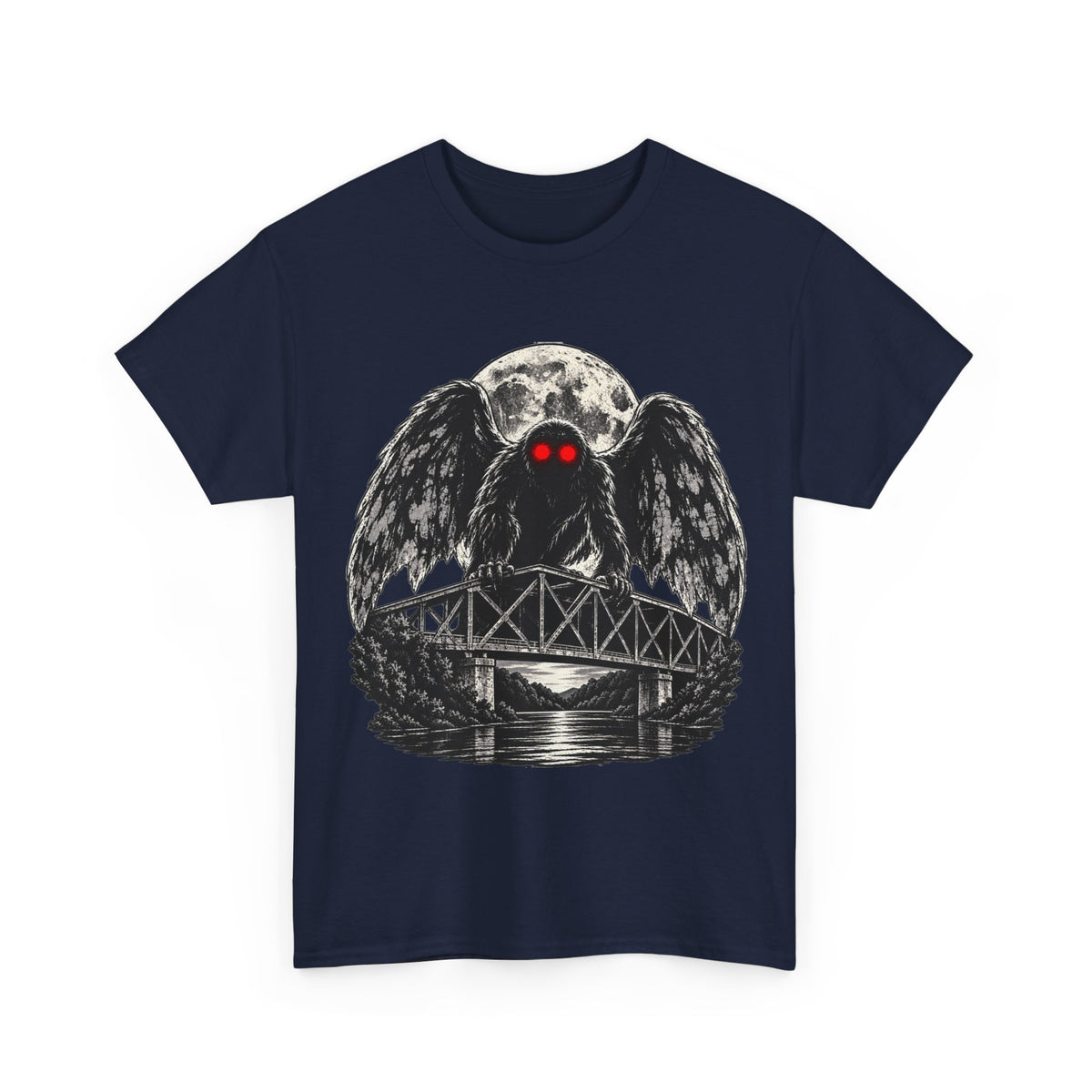 Mothman Bridge Graphic Tee — Red-Eyed Cryptid Illustration T-Shirt