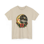 Moon & Forest Tattoo Tee — Vintage Crescent Moon, Night Sky and Flower Graphic T-Shirt