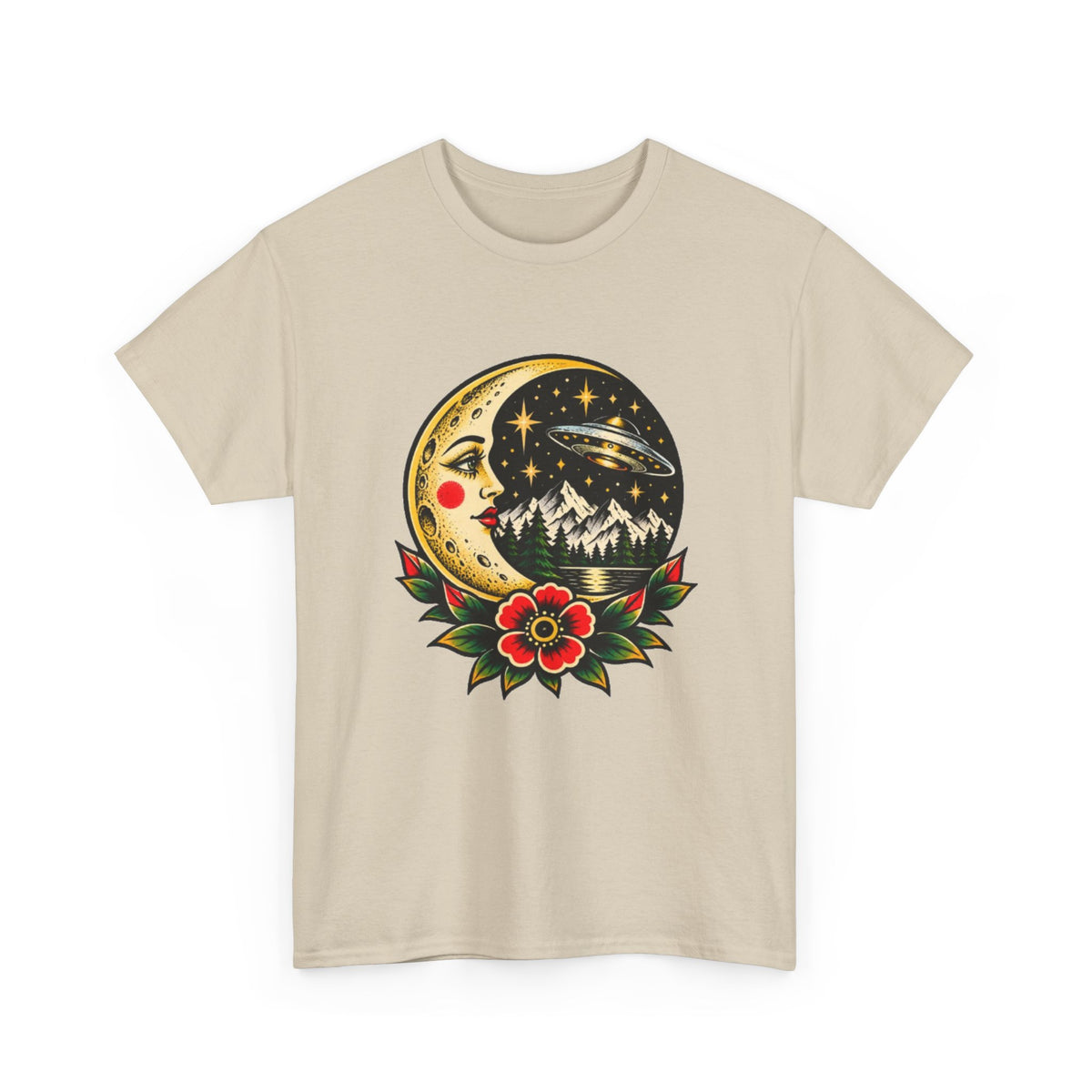 Moon & Forest Tattoo Tee — Vintage Crescent Moon, Night Sky and Flower Graphic T-Shirt