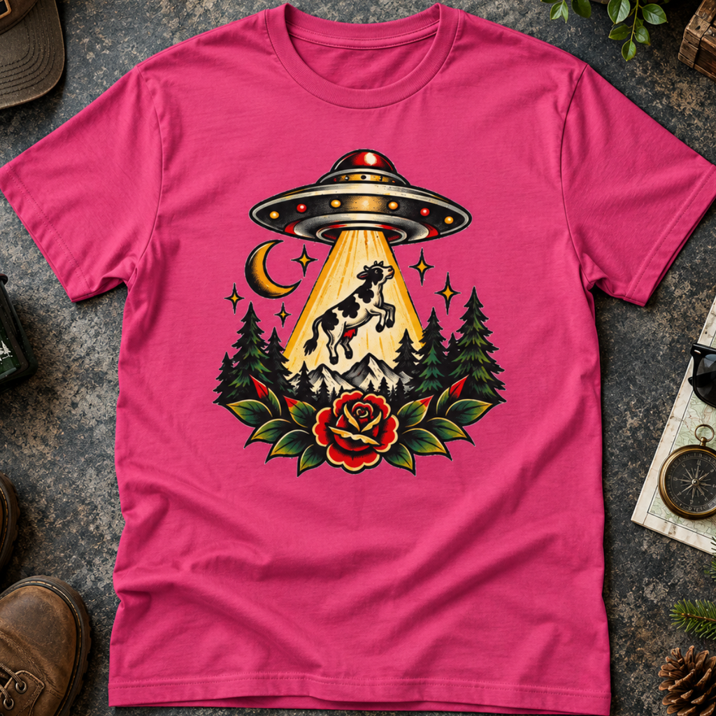 UFO Abduction Tee — Retro Alien Tractor Beam with Deer & Forest Tattoo Art