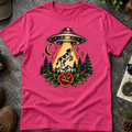 UFO Abduction Tee — Retro Alien Tractor Beam with Deer & Forest Tattoo Art