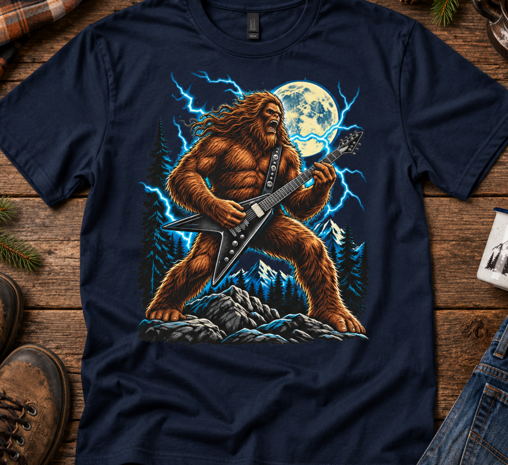 Bigfoot Playing Guitar Mountain Forest T-Shirt