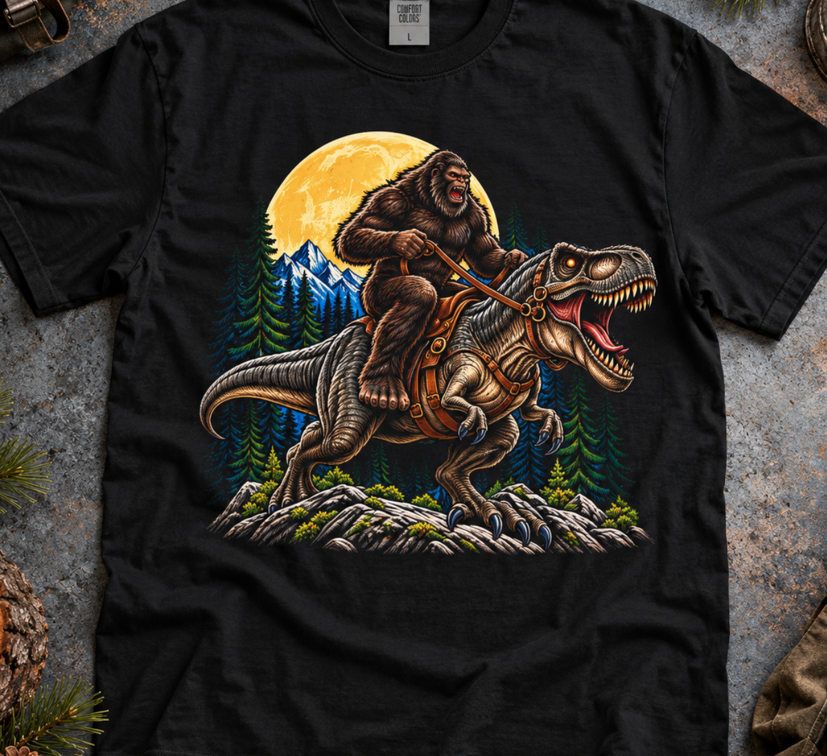 Bigfoot Riding T-Rex Graphic Tee