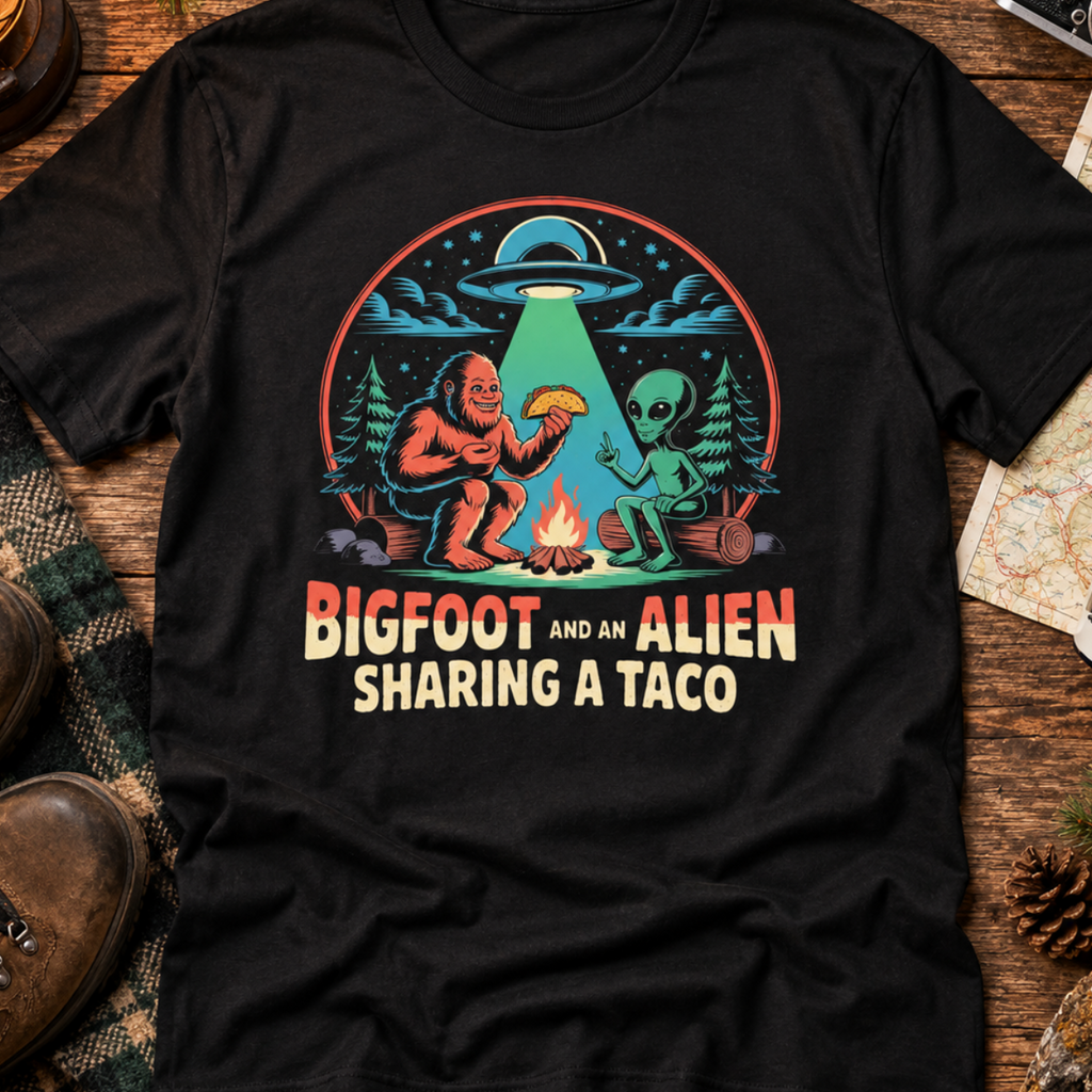 Bigfoot and Alien Sharing a Taco Graphic T-Shirt