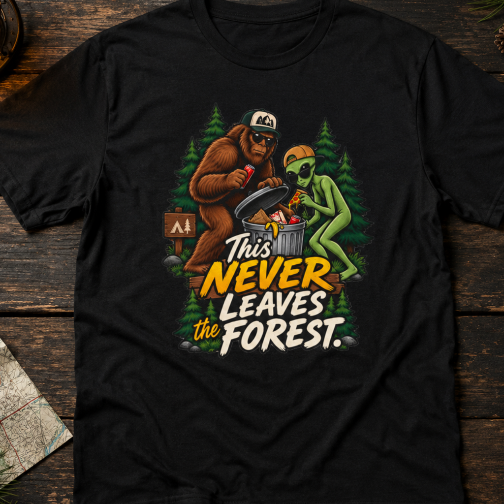 Bigfoot and Alien Illustration Tee | This Never Leaves the Forest, Forest Graphic Shirt