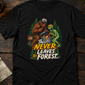 Bigfoot and Alien Illustration Tee | This Never Leaves the Forest, Forest Graphic Shirt