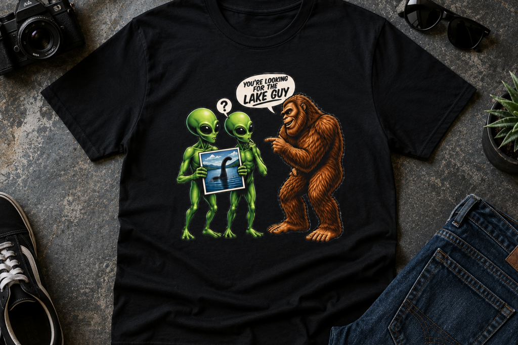 Alien Tourists Asking Bigfoot T-Shirt | Sasquatch, UFO, Funny Cryptid Design