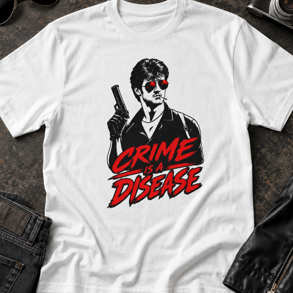 Crime Is a Disease shirt | Noir gunman graphic tee, red accent sunglasses