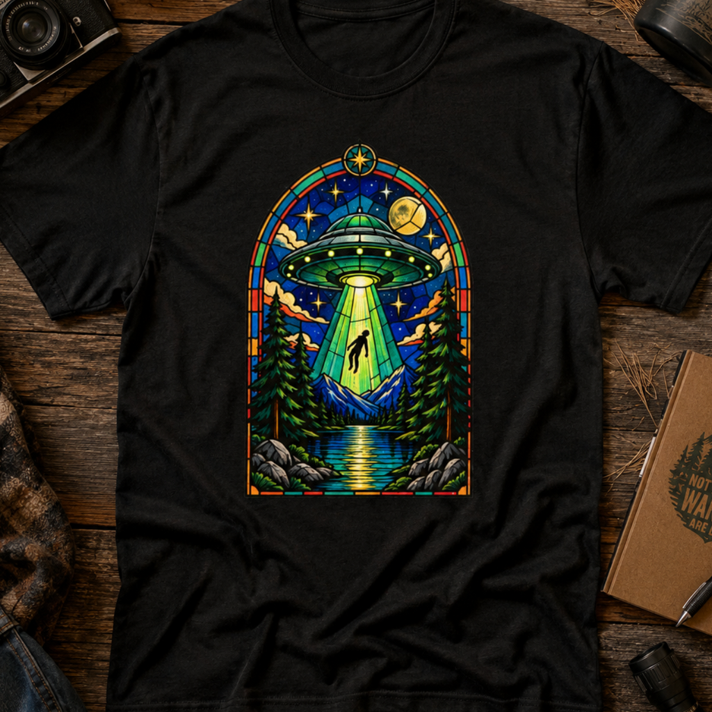 Stained Glass UFO Abduction T-Shirt | Alien Beam, Night Sky, Forest