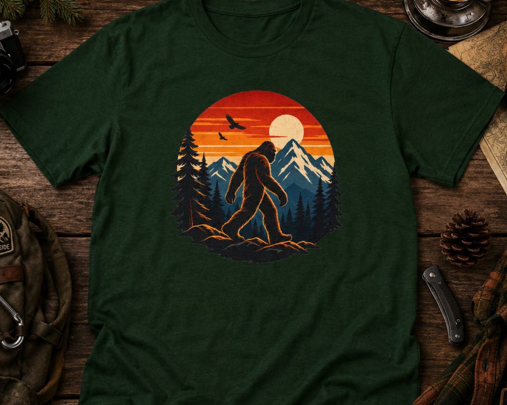 Bigfoot Mountain Sunset T-Shirt | Sasquatch Camping Retro Nature Tee