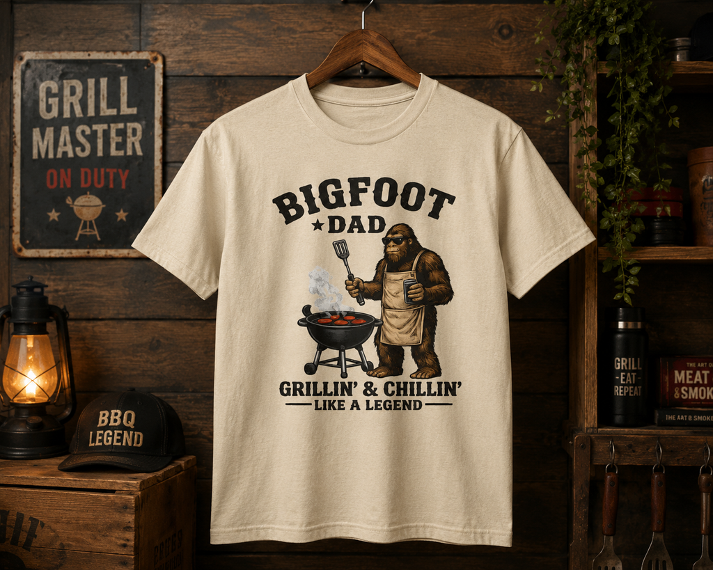 Bigfoot Dad Grillin' & Chillin' T-Shirt | Sasquatch BBQ Tee, Like a Legend