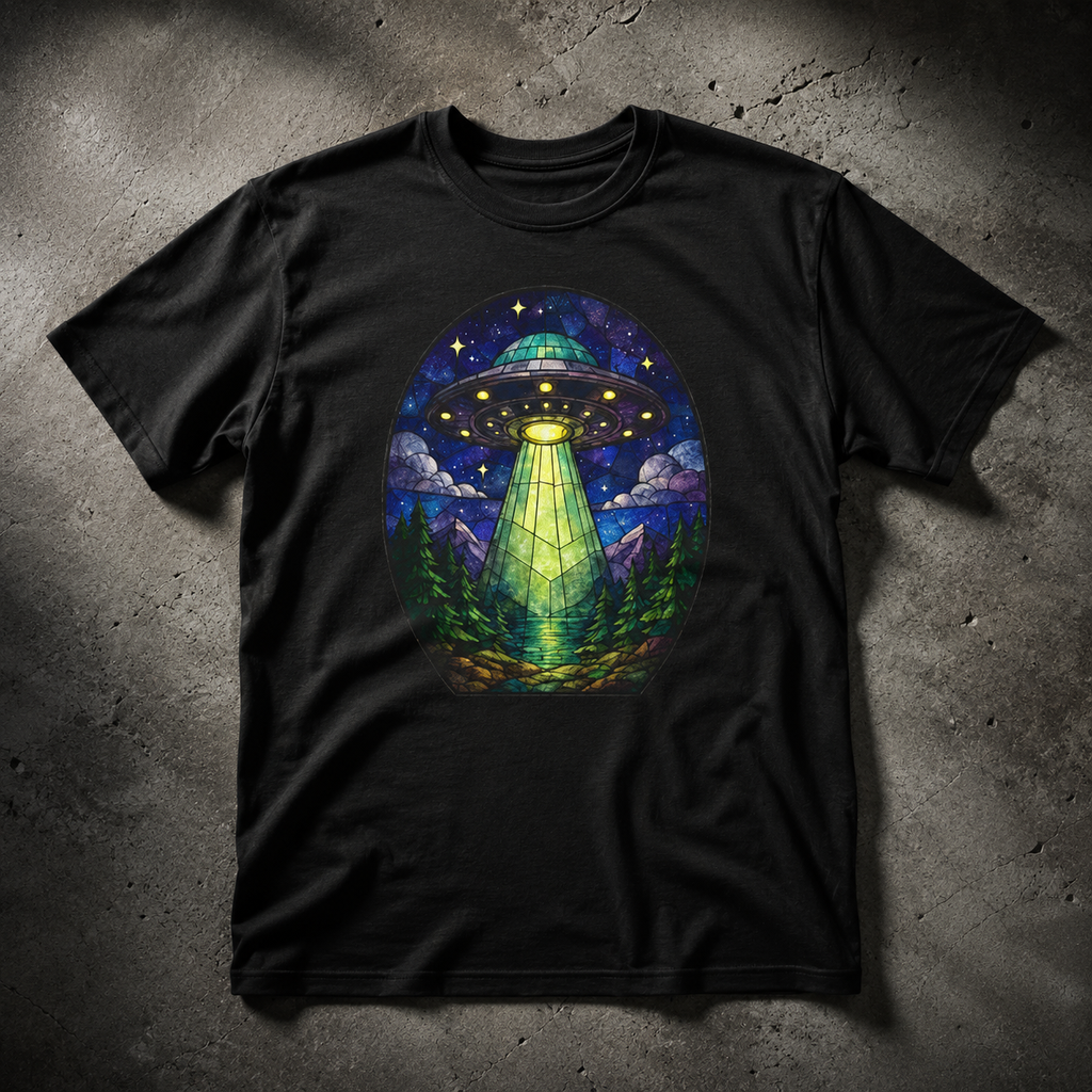 UFO Stained glass Shirt | Alien Spaceship Beam Woodland Night