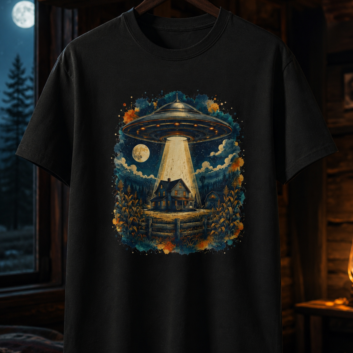 UFO Abduction Forest Scene T-Shirt | Alien Spaceship Moonlight