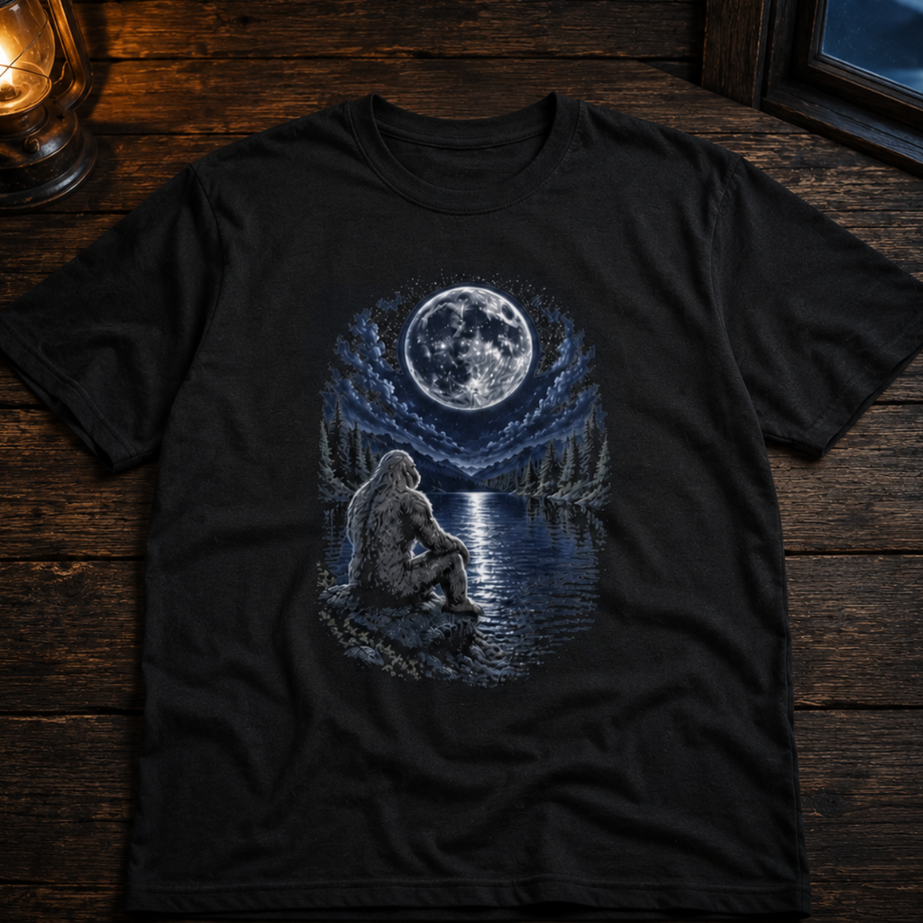Moonlit Lake with Sitting bigfoot T-Shirt | Full Moon Night Nature Scene