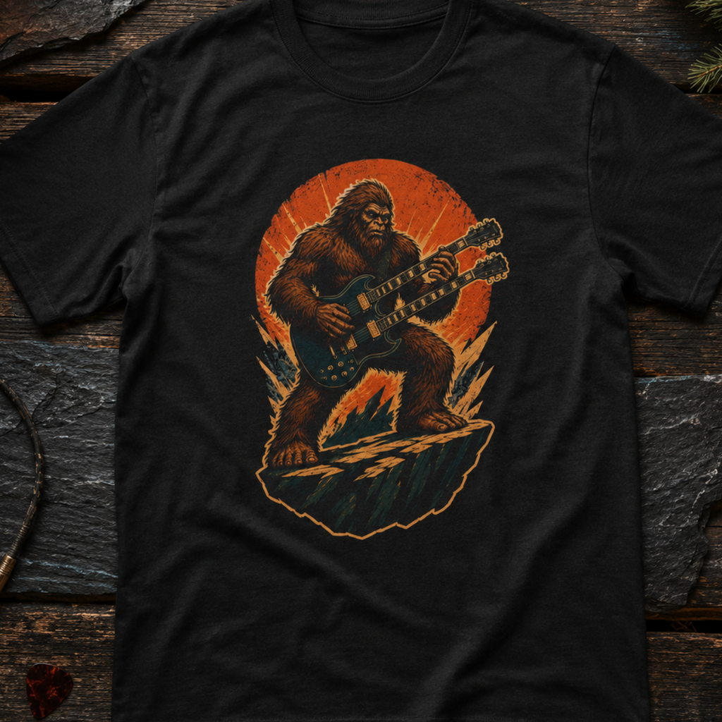 Sasquatch Playing Double-Neck Guitar T-Shirt | Retro Rock Monster Tee