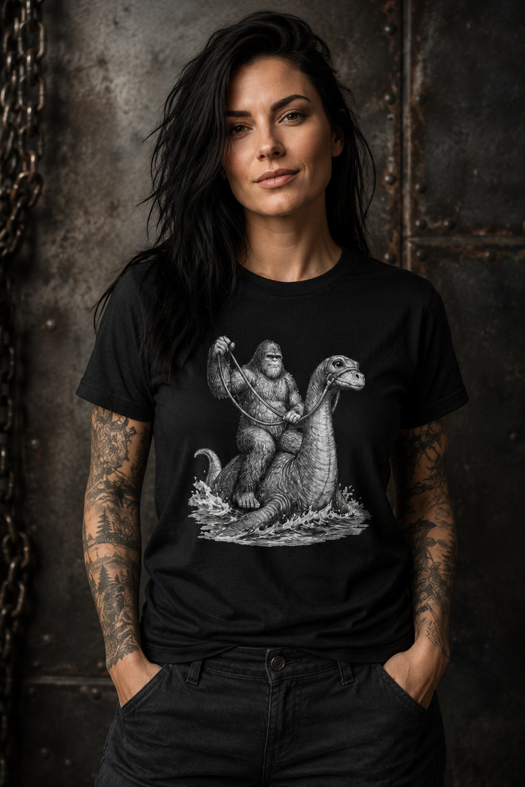 Gorilla Riding Loch Ness Monster T-Shirt | Vintage Monster Illustration