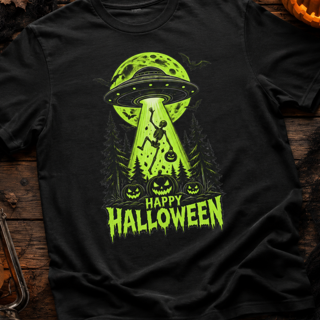 Alien UFO Abduction Halloween T-Shirt | Glow Green Pumpkin Forest