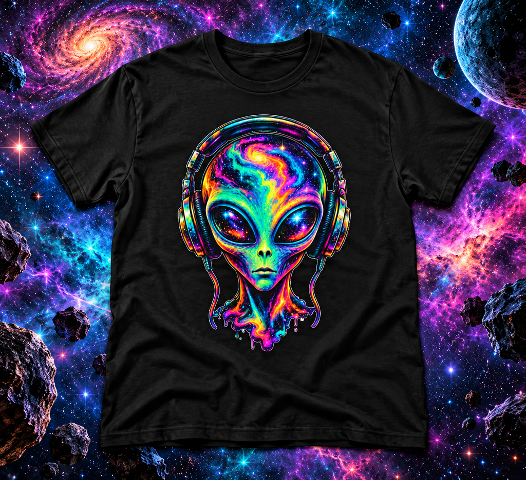 Alien Headphones T-Shirt – Colorful Cosmic UFO Graphic