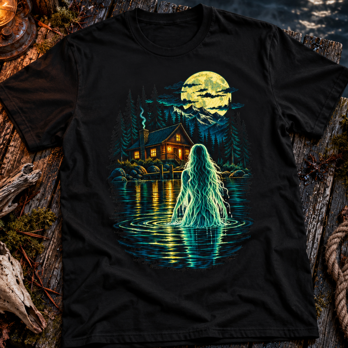 Ghostly Lake T-Shirt — Haunted Cabin Moonlight Design