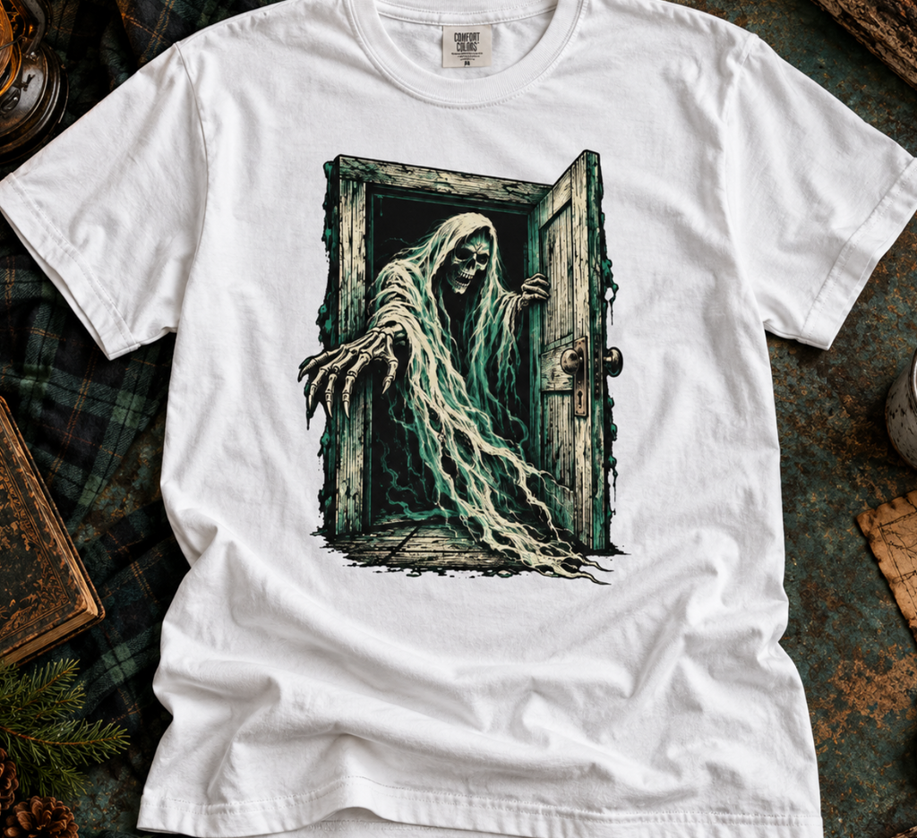 Haunted Door Grim Reaper Gothic Halloween T-Shirt