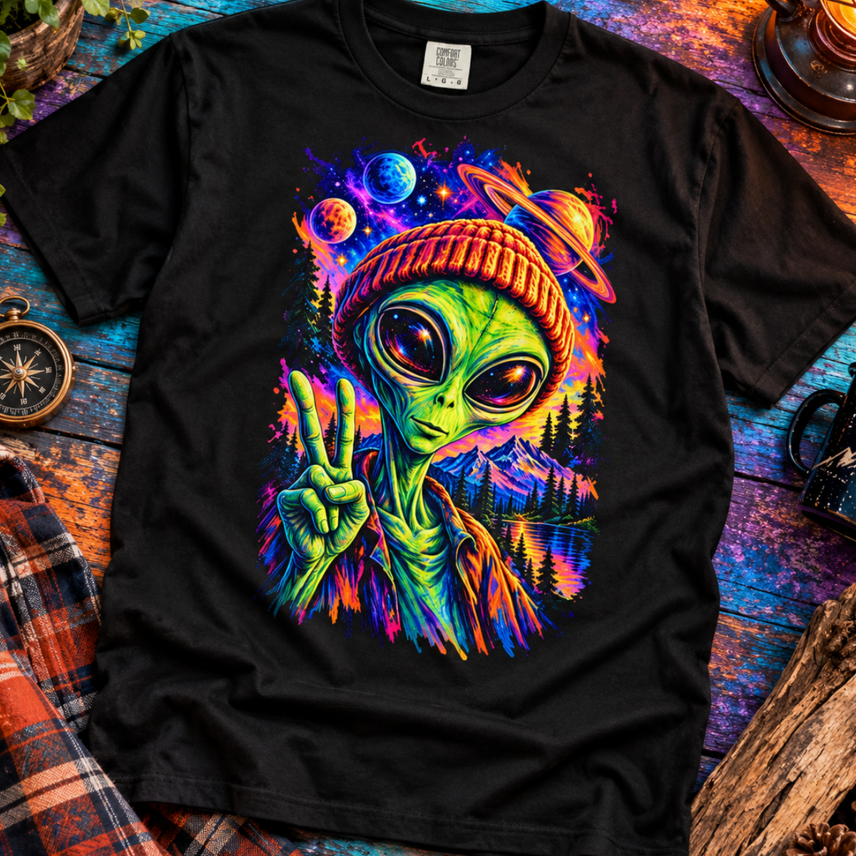 Colorful Alien UFO T-Shirt – Retro Space Graphic